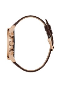 Orologio cronografo con cassa in oro rosa, cinturino in pelle marrone, dettagli argentati e tre pulsanti laterali.