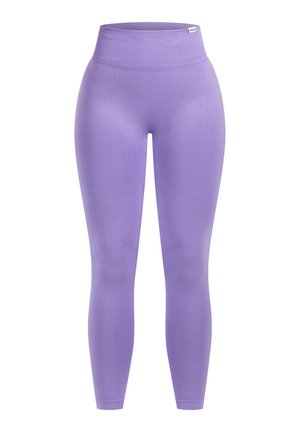 Paarse legging gemaakt van een gladde, rekbare stof met een hoge, geribbelde tailleband. Het ontwerp is strak en heeft geen zichtbare patronen.