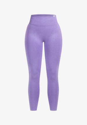 Lilla leggings lavet af et glat, strækbart stof med en høj, ribbet talje. Designet er tætsiddende uden synlige mønstre.