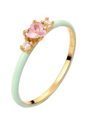 Bague en or avec une pierre précieuse rose en forme de cœur et deux petites pierres claires. L'anneau est vert menthe, avec une finition lisse.