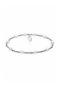 Zilveren armband met afwisselend kleine metalen kralen en witte parels, met een glad, rond ontwerp en een bevestigd metalen label.