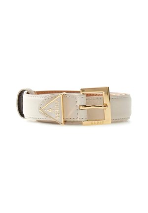 Light gray leather belt with a gold-tone metal buckle. Features a triangular logo accent and smooth texture. Compact and minimal design.