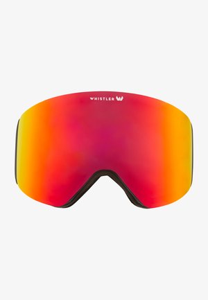 Lunettes de ski Whistler avec un grand verre incurvé présentant un dégradé de nuances rouges, oranges et jaunes ; rembourrage en mousse noire le long de la monture.