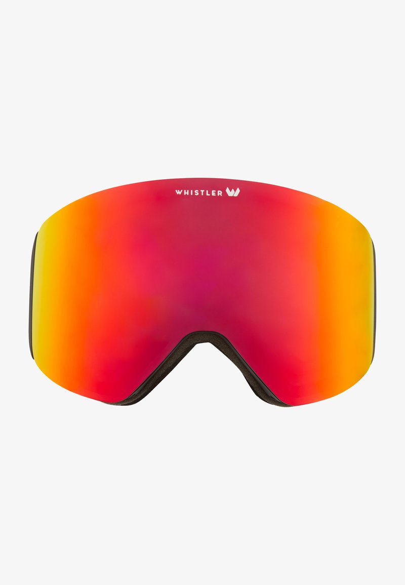 Whistler skibril met een groot, gebogen lens dat een gradient van rode, oranje en gele tinten heeft; zwarte schuimkussens langs het frame.