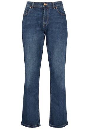 Mørkeblå denimjeans med lige ben, har fem lommer, knap- og lynlås-lukning samt kontrastsytråd langs sømmene.