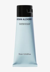 Jasnoniebieska tubka do wyciskania z czarną nakrętką, oznaczona "GROWN ALCHEMIST POLISHING EXFOLIATOR", 75 mL/2,5 US fl. oz., gładka tekstura.