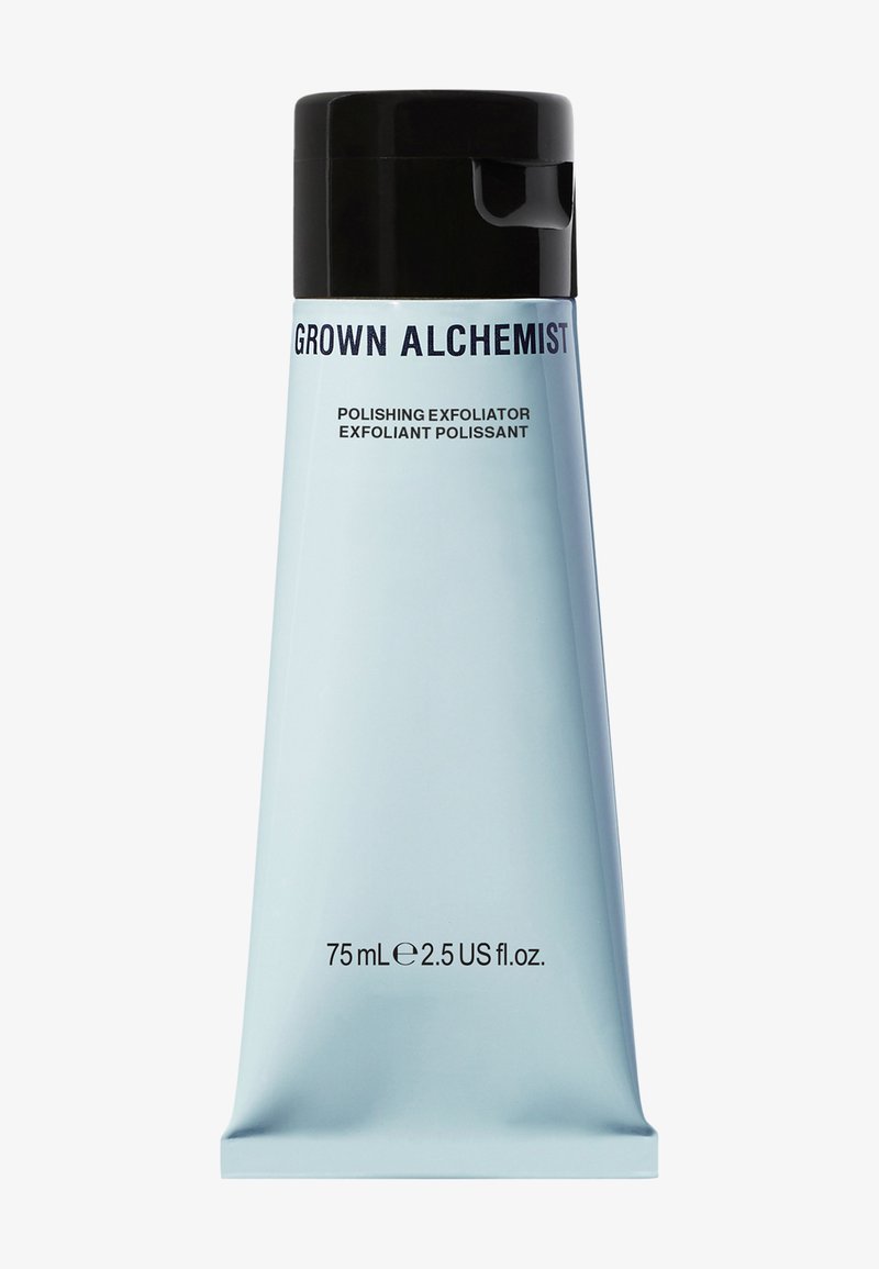 Jasnoniebieska tubka do wyciskania z czarną nakrętką, oznaczona "GROWN ALCHEMIST POLISHING EXFOLIATOR", 75 mL/2,5 US fl. oz., gładka tekstura.