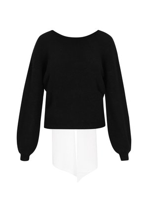 Suéter negro de punto con cuello redondo, mangas largas estilo globo y una capa inferior blanca asimétrica. Textura suave con un ajuste casual.