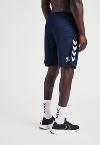 Marine sports shortser med teksturert finish og hvite chevron-detaljer på sidene. Har en elastisk midje og en logo på benet.