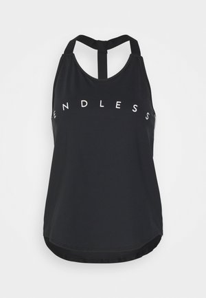 Czarny sportowy top bez rękawów z zakładkami typu racerback i napisem „ENDLESS” nadrukowanym na białym tle na piersi.