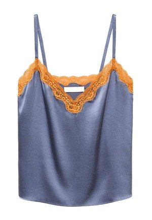 Camisola in satin blu con rifiniture in pizzo arancione. Presenta spalline regolabili e scollatura a V. Tessuto morbido con una vestibilità rilassata.