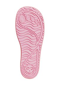 Różowa podeszwa buta z falistym wzorem bieżnika, okrągłymi wgłębieniami w okolicy palców oraz uśmiechniętą twarzą małpki w pobliżu pięty.