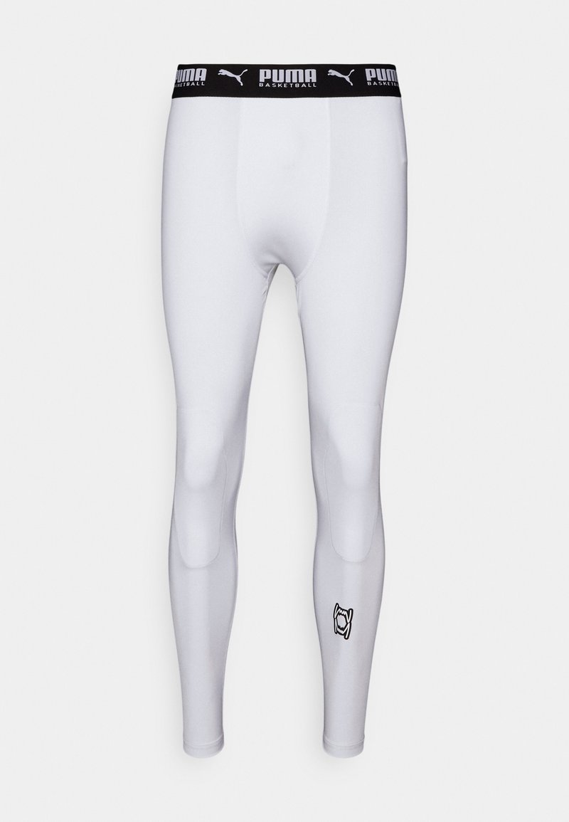 Leggings sportivi bianchi con una vita nera con il logo "PUMA BASKETBALL". Tessuto morbido, design aderente, dettagli sulle ginocchia.