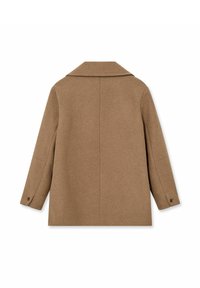 Brown wool blend coat with a structured shape, a notched collar, and long sleeves. Features a center back seam and buttoned cuffs.