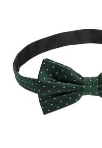 Vihreä silkki solmio, jossa on teksturoitu raidallinen kuvio ja valkoisia pilkkuja. Säädettävä musta kauluskiinnitys.