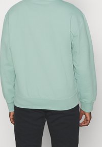 Light teal crewneck sweatshirt made of soft fabric with ribbed cuffs and hem, featuring a smooth texture and simple design.