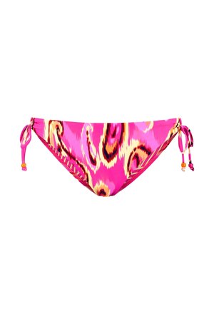 Bikiny s růžovým dnem a živým vícabarvým vzorem ve žluté, oranžové a černé. Má nastavitelné tkaničky na bocích s korálkovými ozdobami.