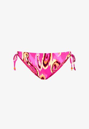 Bikiny s růžovým dnem a živým vícabarvým vzorem ve žluté, oranžové a černé. Má nastavitelné tkaničky na bocích s korálkovými ozdobami.