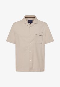 Short-sleeve, beige shirt featuring a textured fabric, a collar, and a chest pocket with a button closure. Buttoned front with clear buttons.