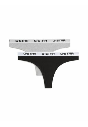 Dos tangas de mujer G-Star, uno negro y otro gris claro, con cinturillas blancas con el logotipo.