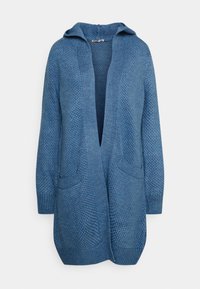 Blå stickad cardigan med huva, öppen fram, två fickor, ribbade ärmar och texturerat mönster på tyget.