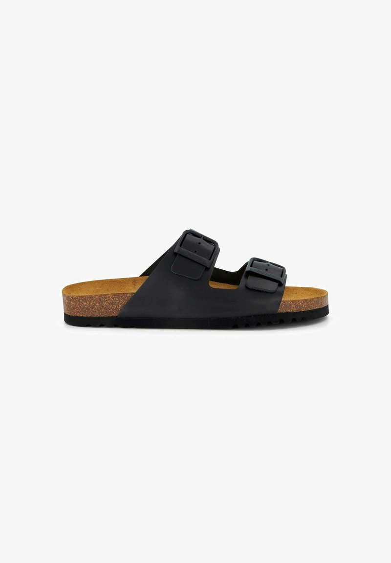 Sandale noire à glissière avec deux boucles réglables, semelle en liège, semelle en caoutchouc et semelle texturée pour la traction. Design classique et minimaliste.