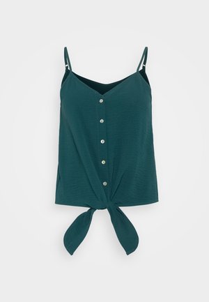 Dark teal, sleeveless top with button-down front, V-neck, and tie knot at the waist. Made from a textured, lightweight fabric.