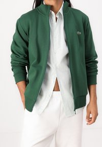 Sudadera verde con cremallera en material suave, con mangas largas y cuello alto. Llevada sobre una camisa de botones ligera con rayas.