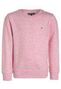 Jasnoróżowy długi rękaw crewneck z ribbowanymi mankietami i dołem, z małym logo Tommy Hilfiger na lewej piersi.