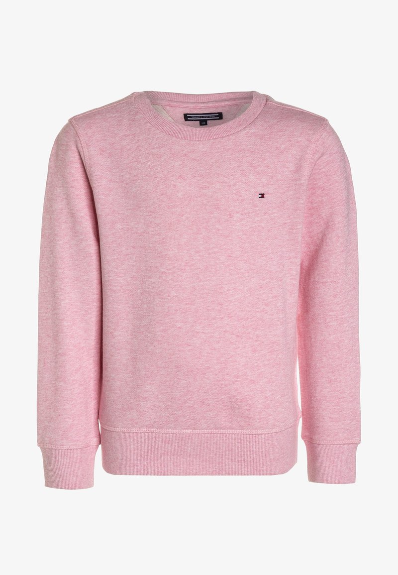 Jasnoróżowy długi rękaw crewneck z ribbowanymi mankietami i dołem, z małym logo Tommy Hilfiger na lewej piersi.