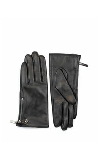 Black leather gloves featuring a smooth texture, tailored fingers, and a zippered wrist closure with a metallic accent.