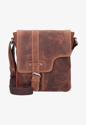 Brown leather messenger bag with a textured finish, flap closure, metal hardware, and an adjustable fabric strap. Notable stitching detail.