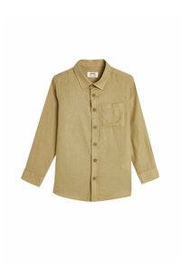 Khaki-pitkähihainen nappipaita, jossa on kaulus, yksi rintatasku ja teksturoitu kangas. Sisältää etunapituskiinnityksen ja säädettävät hihansuut.
