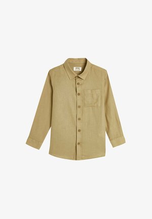 Khaki lange mouwen overhemd met knopen, kraag, enkele borstzak en textuurstof. Inclusief knoopsluiting aan de voorkant en verstelbare mouwen.