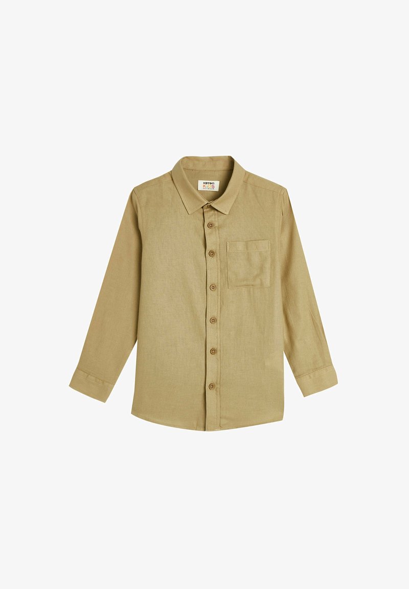 Khaki lange mouwen overhemd met knopen, kraag, enkele borstzak en textuurstof. Inclusief knoopsluiting aan de voorkant en verstelbare mouwen.