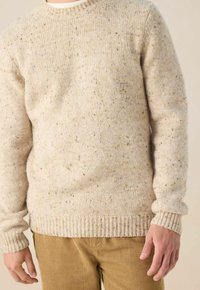 Beige gesprenkelter Wollpullover mit gerippten Bündchen und Saum, getragen mit hellbraunen Cordhosen, von Hals bis Hüfte gezeigt.