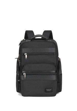 Sac à dos noir avec plusieurs compartiments zippés, bretelles rembourrées et une poignée de transport en haut, conçu pour un usage quotidien ou pour voyager.
