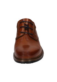 Braune Lederkleidschuhe mit glatter Oberfläche, runder Zehenpartie und schwarzen Schnürsenkeln. Verfügt über eine gestickte Gestaltung entlang der Kanten und eine flache Sohle.