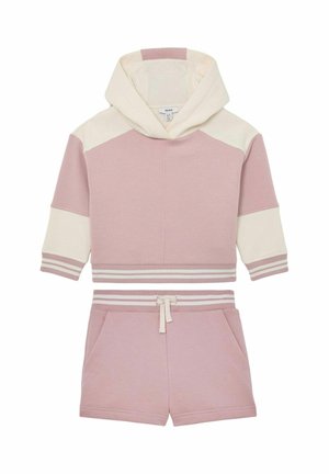 Dviejų dalių kūdikio apranga: rožinės spalvos bloko gobtuvas ir atitinkančios šortai su raišteliu ir kišenėmis.