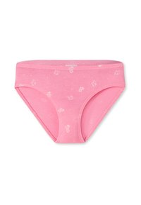 Mutandine di cotone rosa con una trama liscia e una cintura elastica, caratterizzate da piccoli motivi floreali bianchi sparsi su tutta la superficie.