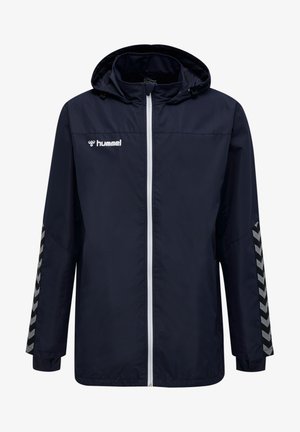 Navy hooded jacket made of lightweight material, featuring a white zipper, with chevron-patterned gray accents on the sleeves.