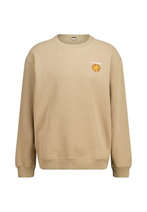 Beige sweatshirt made of soft fabric, featuring long sleeves, a round neck, and an orange flower graphic with "CALIFORNIA" text.