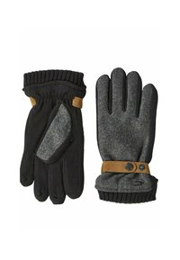 Zwarte en grijze gebreide handschoenen met een geribde manchette, tan lederen accenten bij de pols en een gestructureerd palmgebied voor grip.