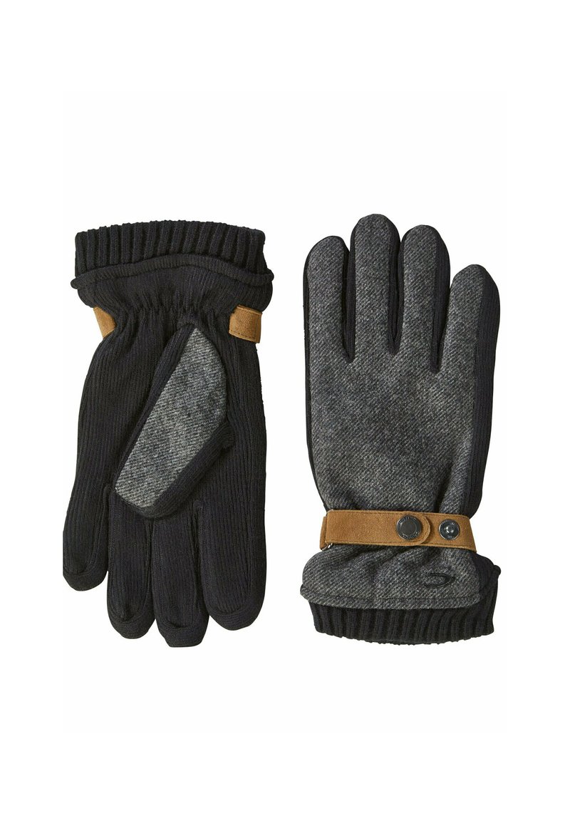 Zwarte en grijze gebreide handschoenen met een geribde manchette, tan lederen accenten bij de pols en een gestructureerd palmgebied voor grip.