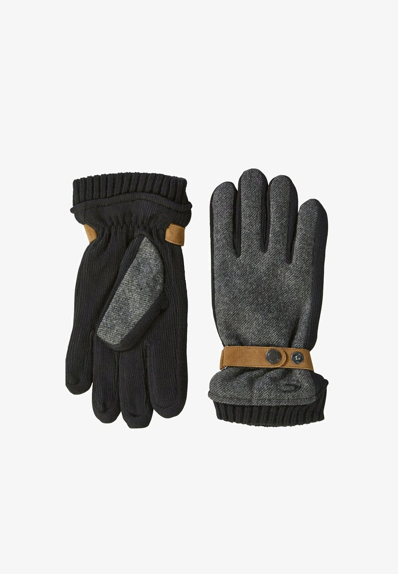 Black and gray knit gloves with a ribbed cuff, tan leather accents at the wrist, and a textured palm area for grip.