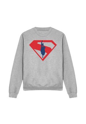 Gray sweatshirt with a large red Superman logo featuring a blue silhouette of Superman flying upward inside the emblem.