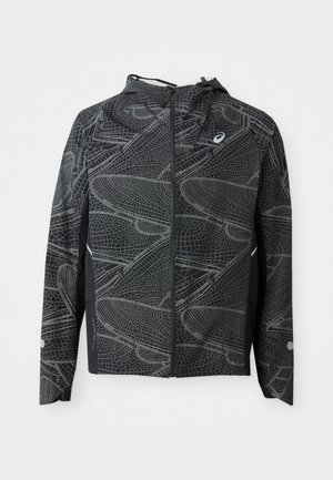 Black lightweight jacket with a cropped silhouette, featuring a textured white graphic pattern and a hood. Includes a zip front and side pockets.