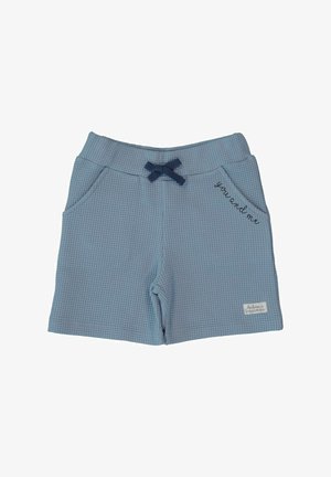 Lyseblå, teksturerede shorts med et strikkemønster, elastisk talje og navy sløjfedesign. "Du og jeg" broderet på venstre lomme.
