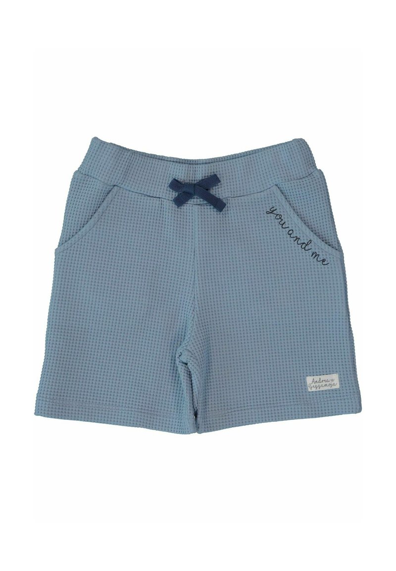 Ljust blå, texturerade shorts med ett stickat mönster, elastisk midja och marinblå rosett. "Du och jag" broderat på vänster ficka.