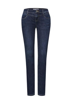 Granatowe obcisłe damskie dżinsy z przodu na guziki, z zamkiem błyskawicznym i pięcioma kieszeniami, prezentowane na białym tle.